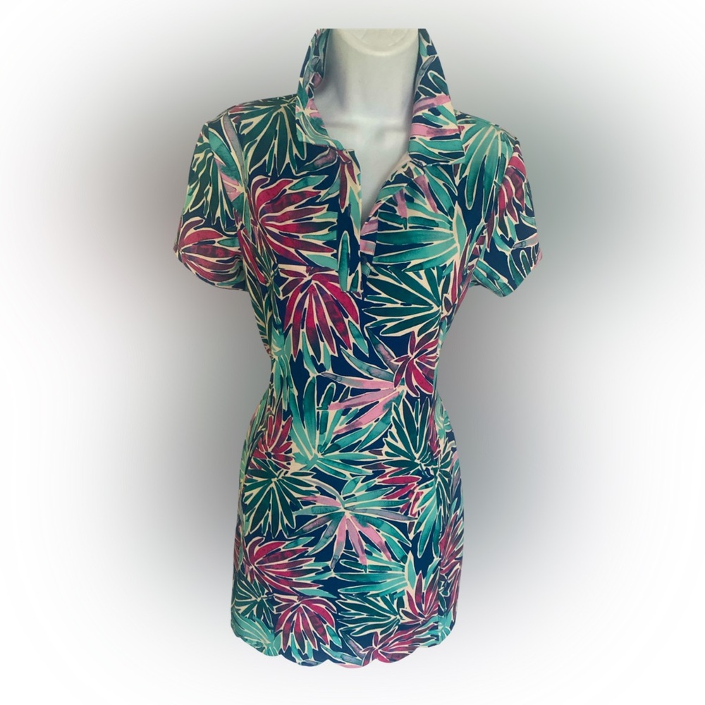 Sigrid Olsen Leaf Print Dress- S Pink, Green, Blue , nylon spandex